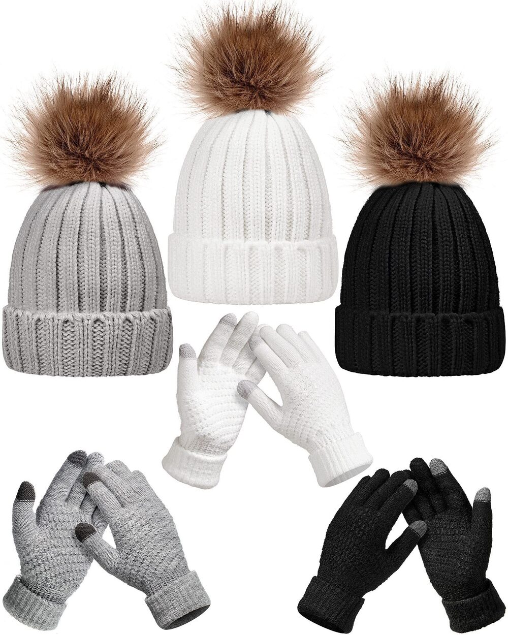 2995 6 Pieces Winter Warm Knitted Hat Gloves Set Skull Cap Beanie